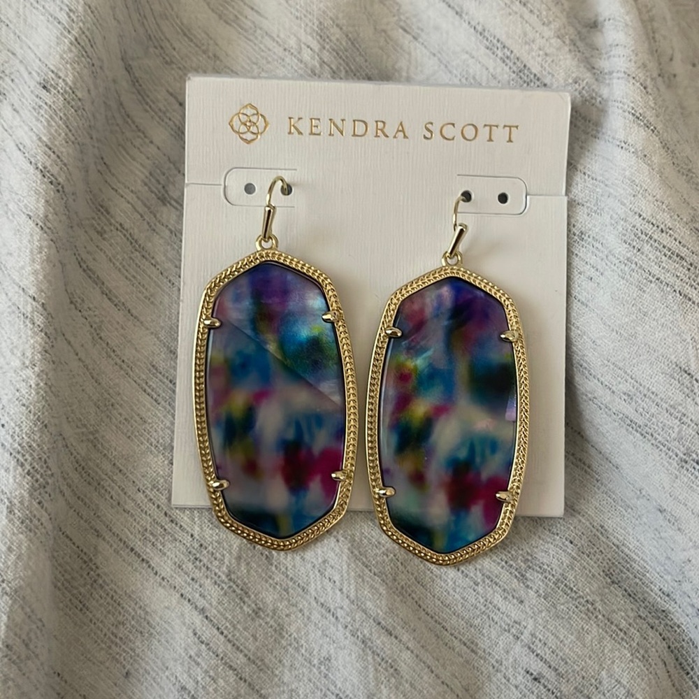 Kendra Scott - Danielle Gold Statement Earrings In Teal Tie Dye Illusion